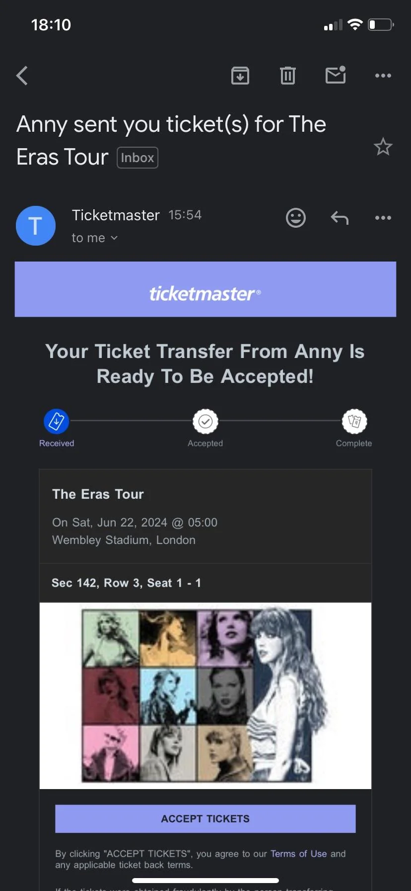 Fake Ticketmaster transfer email sent to a ticket buyer