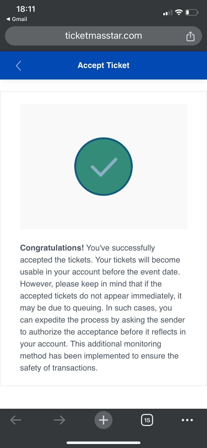 Fake Ticketmaster ticket acceptance page hosted on ticketmasstar.com