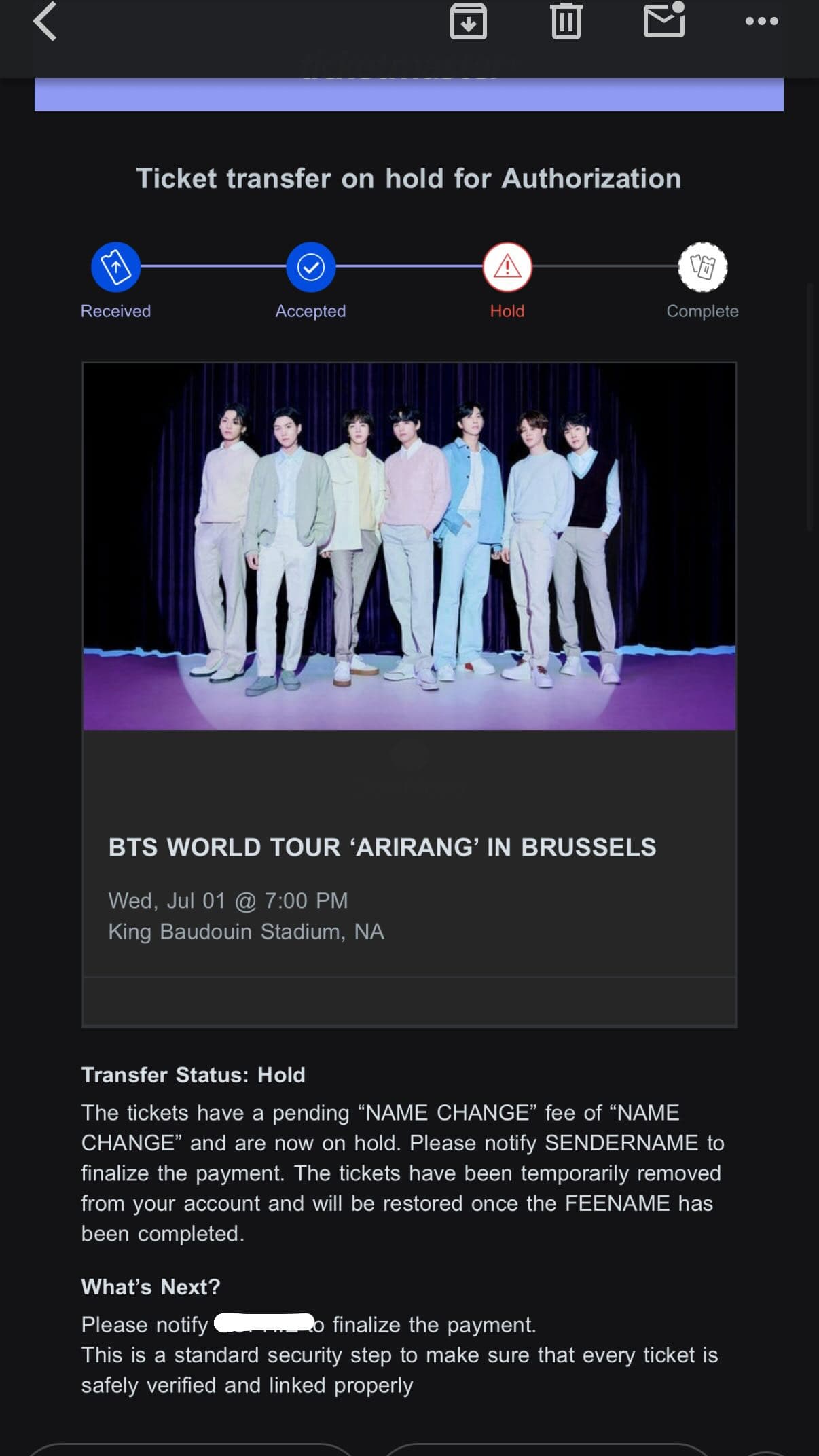 Fake BTS Ticketmaster transfer authorization and name-change fee scam example