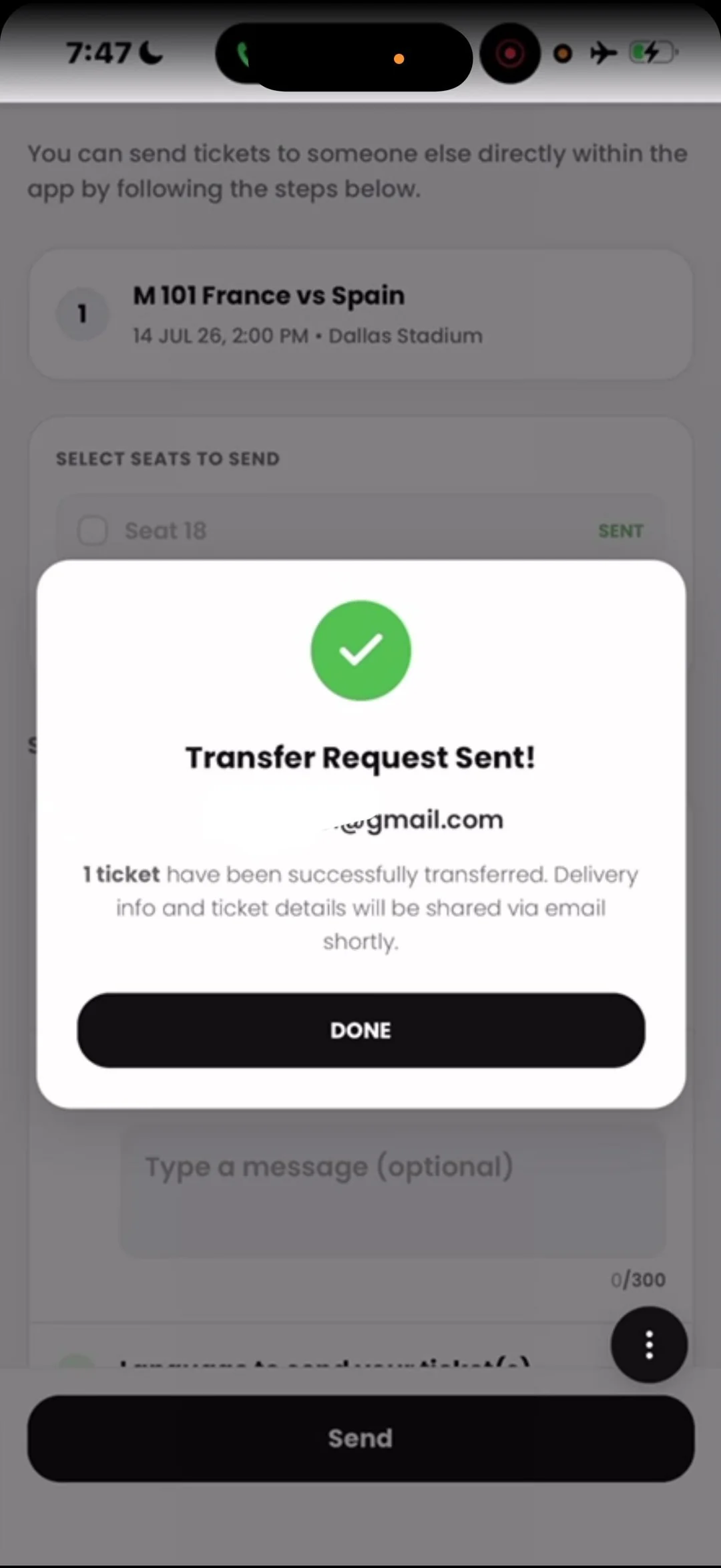 Simulated modal claiming a transfer request has been successfully sent to the victim's email address