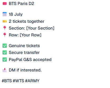 Reddit ticket listing containing Your Section and Your Row placeholders, emojis and hashtags