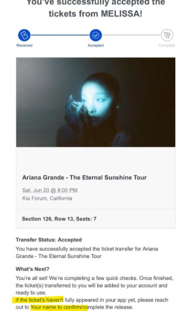 Fake Ticketmaster email for an Ariana Grande concert